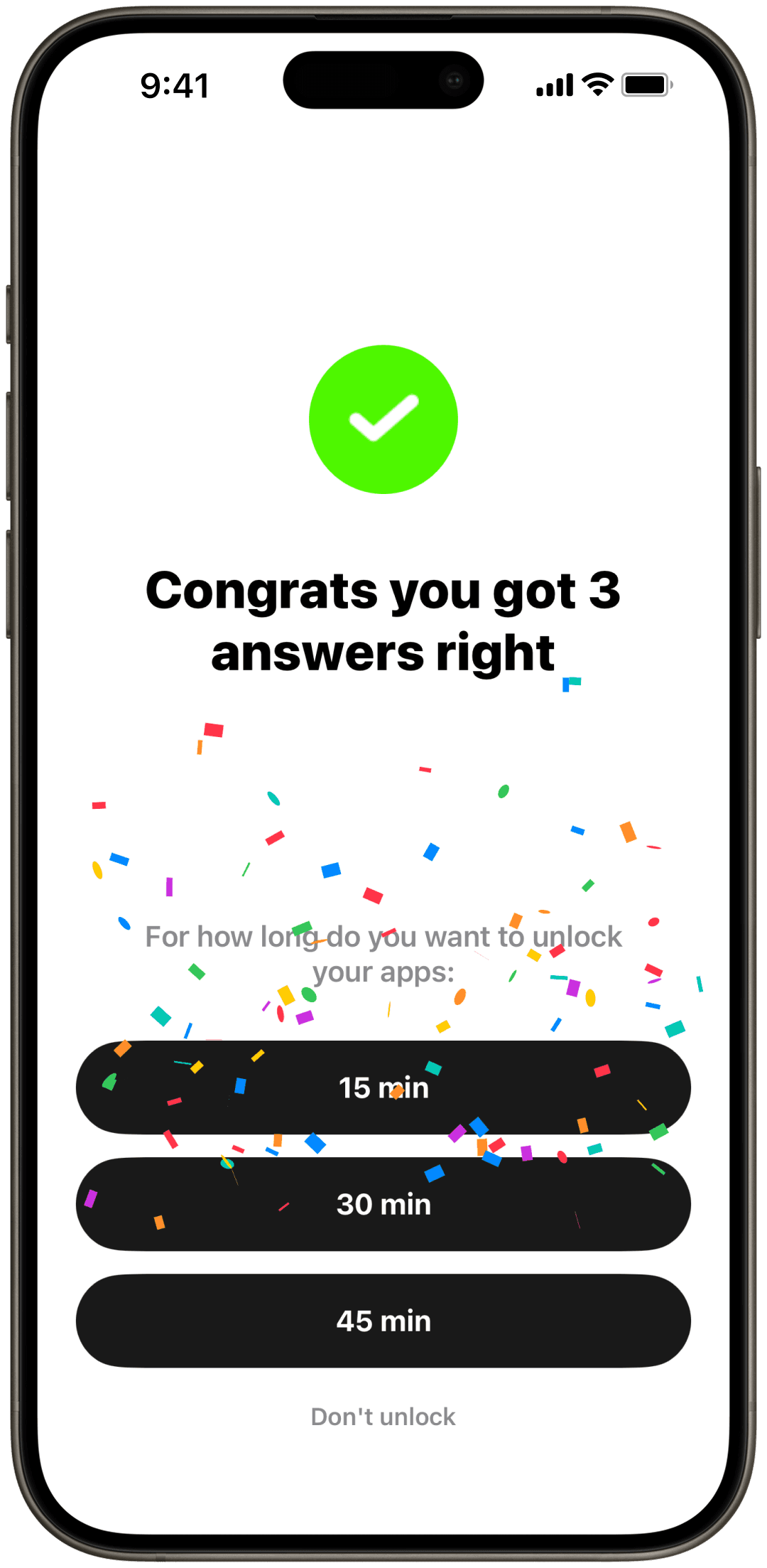 Regen unlocking apps for 15, 30 or 45 minutes after a correct round